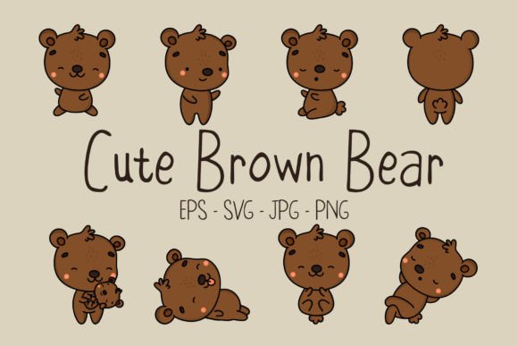 Download Set of Cute Brown Bear Illustrations - Bear illustration Collection