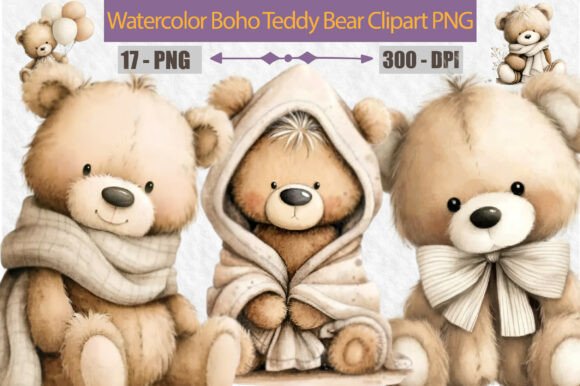 Download Watercolor Boho Teddy Bear Clipart PNG - Boho teddy bear Collection